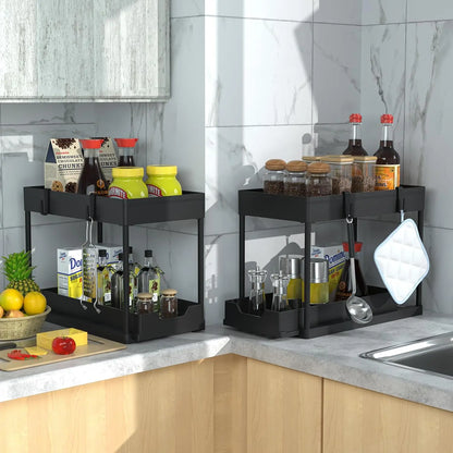 Organizador y almacenamiento debajo del fregadero, estante organizador de cocina con cajones deslizantes dobles, estante de almacenamiento multiusos