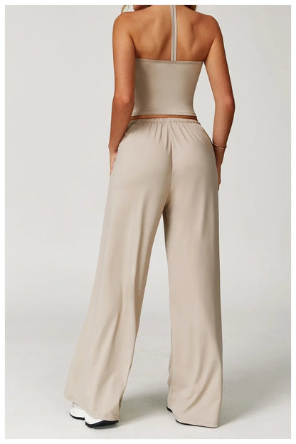 Pantalones de yoga deportivos para mujer, holgados, de pierna ancha, finos, transpirables, con cordón elástico y diseño caído.