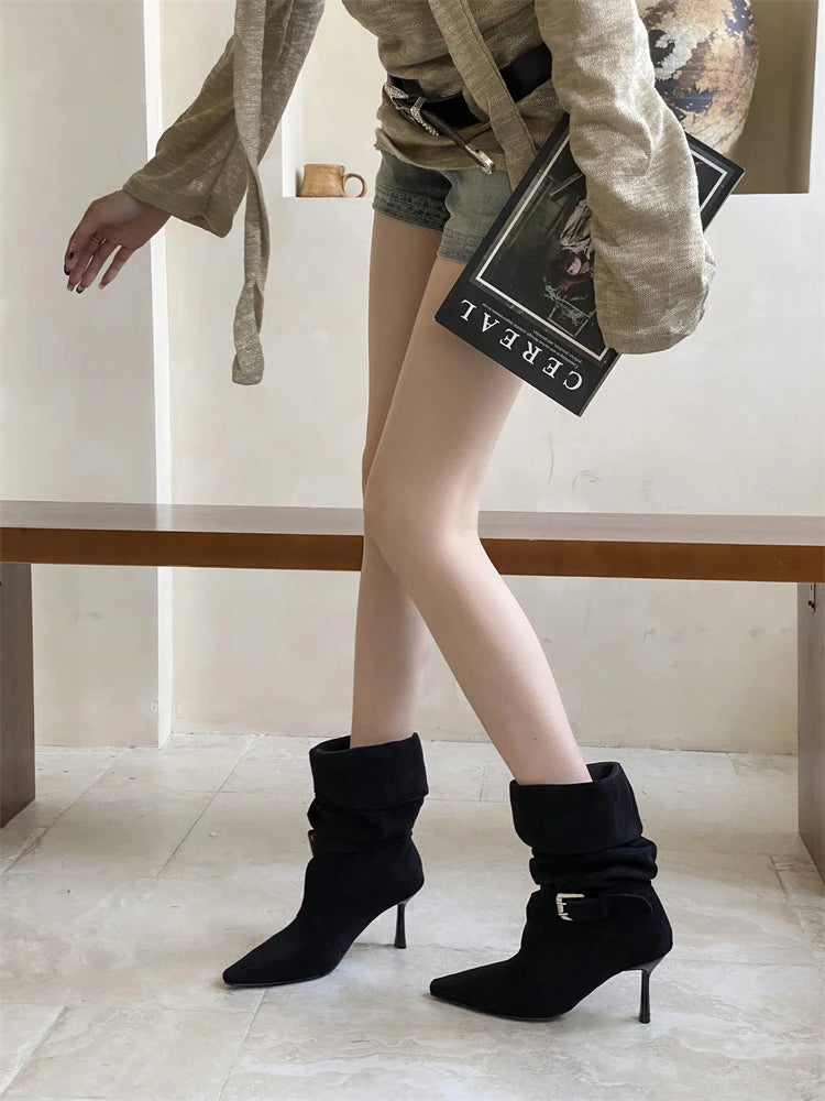 Eilyken Street Style Sexy Thin Heels Women Ankle Boots Punk Pleated Buckle Strap Booties Stripper Party Shoes Zapatos De Mujer