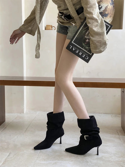 Eilyken Street Style Sexy Thin Heels Women Ankle Boots Punk Pleated Buckle Strap Booties Stripper Party Shoes Zapatos De Mujer