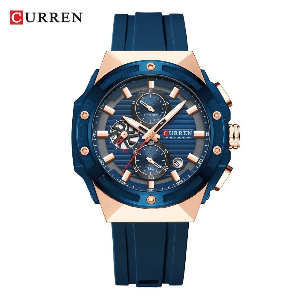 CURREN Reloj deportivo de cuarzo multifuncional con cronógrafo y correa de silicona, esfera de diseño creativo y manecillas luminosas.