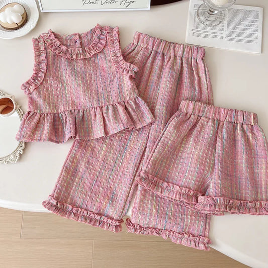 Conjuntos de ropa para niños: Top sin mangas con estampado a cuadros, pantalones anchos y pantalones cortos, conjunto de 3 piezas, ropa para niñas de 2 a 8 años.