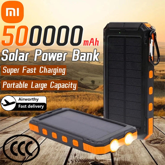 Banco de energía solar Xiaomi de 500.000 mAh, cargador portátil de gran capacidad compatible con USB-A y USB-C con linterna para iPhone.