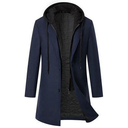 Autumn Winter Men's Wool Trench Coat Fashion Hooded Warm Long Woollen Coats Business Casual Turn Down Collar Woolen Blend Men