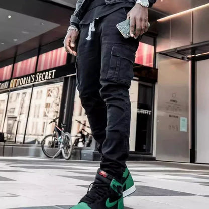 Pantalones vaqueros casuales de hombre, estilo lápiz, elásticos, con múltiples bolsillos, corte ajustado, estilo urbano, lavado liso, cintura media, estilo cargo.