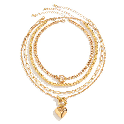 Juego de 4 collares con colgante de corazón estilo punk dorado para mujer, gargantilla de cadena con cuentas y hebilla OT, accesorios de joyería Y2K 2024