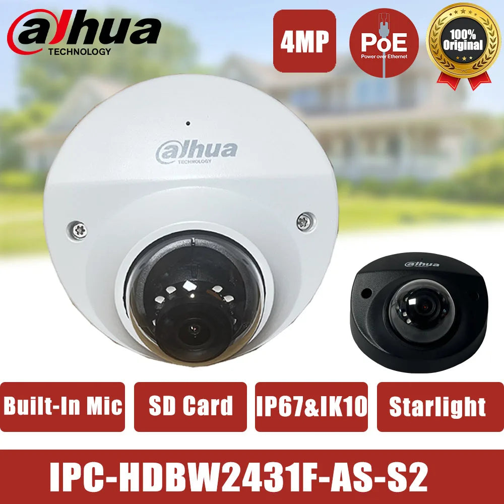 Mini cámara IP Dahua Starlight de 4 MP con micrófono integrado, antivandálica, compatible con tarjeta SD y alarma (IPC-HDBW2431F-AS-S2)