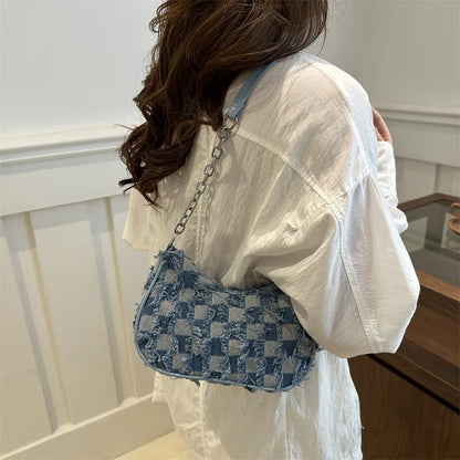 Nuevo bolso de mezclilla a cuadros para debajo del brazo, diseño vintage Y2K, con correa de cadena para el hombro, bolso de compras callejero