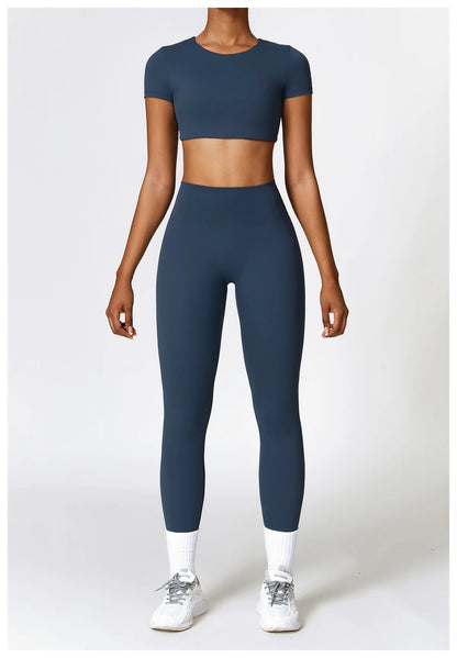 2PCS Seamless Yoga Set Women Workout Set Sportswear Gym Clothing Fitness Long Sleeve Crop Top High Waist Leggings Sports Suits