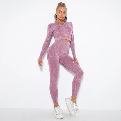 Conjunto de Yoga para Mujer de Alta Calidad, Sin Costuras, 2 Piezas, Camiseta Deportiva de Manga Larga con Color Degradado y Leggings Cortos, Ropa Deportiva para Mujer, 2 Piezas