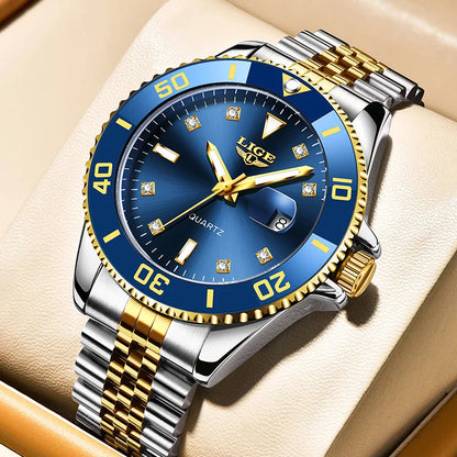 Reloj de lujo LIGE para hombre, reloj de cuarzo con esfera engastada de diamantes, resistente al agua, calendario, mariposa, doble cierre, acero inoxidable.