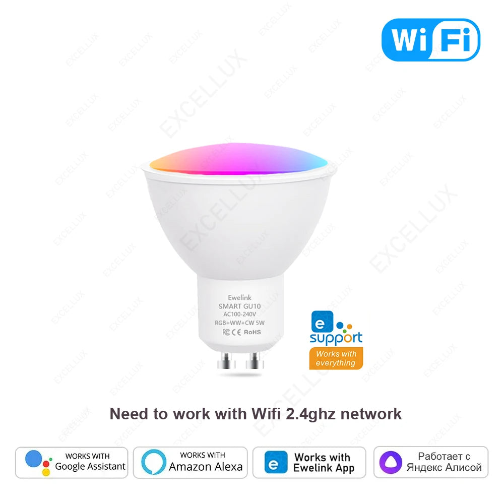 Bombillas LED inteligentes ZigBee GU10 WiFi RGB W+C 5W regulables con control por app. Compatibles con Alexa, Google y Alice Hub.