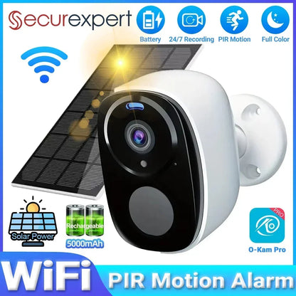 Cámara de seguridad solar inalámbrica para exteriores 2K 5MP con visión nocturna a color, funciona con batería, compatible con WiFi 2.4G, PIR, resistente al agua, comunicación bidireccional con Alexa