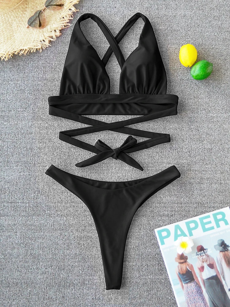 Bikini sexy 2025, traje de baño liso para mujer, traje de baño para mujer, conjunto de bikini push up con vendaje cruzado, traje de baño para playa, traje de baño