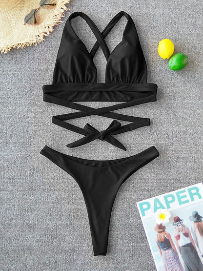 Bikini sexy 2025, traje de baño liso para mujer, traje de baño para mujer, conjunto de bikini push up con vendaje cruzado, traje de baño para playa, traje de baño