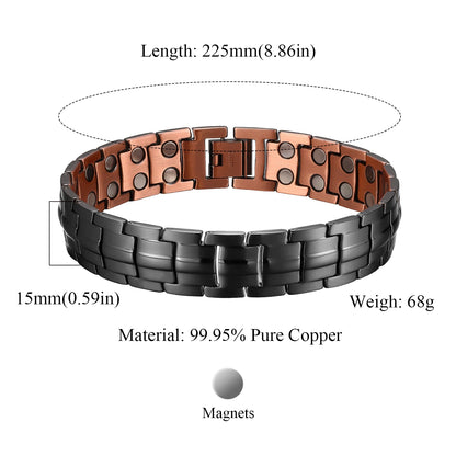 Pulseras magnéticas de cobre de alta resistencia para hombre con imanes de neodimio de doble fila, tamaño ajustable, ideal como regalo para parejas.