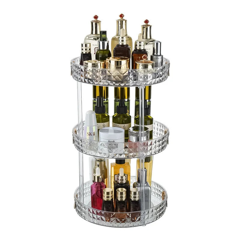 Organizador giratorio de 360 grados para especias, bebidas y cosméticos, transparente, de PET, para cocina y baño.