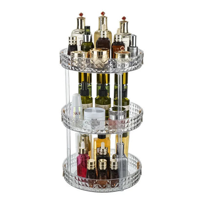 Organizador giratorio de 360 grados para especias, bebidas y cosméticos, transparente, de PET, para cocina y baño.