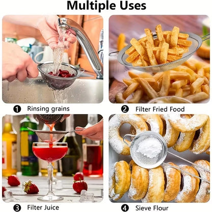 Filtro de malla de acero inoxidable con cuchara ranurada, esencial para la cocina, paquete de 3, colador de alimentos finos con mango largo para cocinar