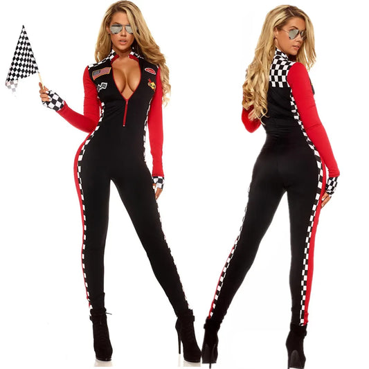 Sexy Lady Race Car Driver Costume Halloween Racing Girl Clubwear Zip Erotic Bodysuit Cosplay Carnival Fancy Party Dress Jumpsuit