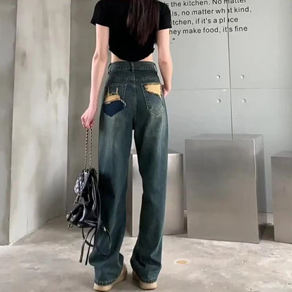Pantalones vaqueros de pierna ancha para mujer, de cintura alta, con contraste, rectos, holgados, para otoño
