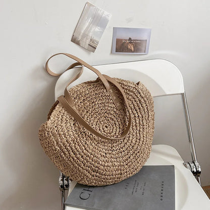 Bolsos de paja redondos de verano para mujer, bolso de hombro de ratán, bolso de playa tejido a mano para viaje, bolso de mano femenino de gran capacidad