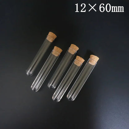 Tubos de ensayo de plástico transparente de 60 mm a 180 mm con tapones de corcho, ideales para laboratorios escolares, regalos de boda, etc.