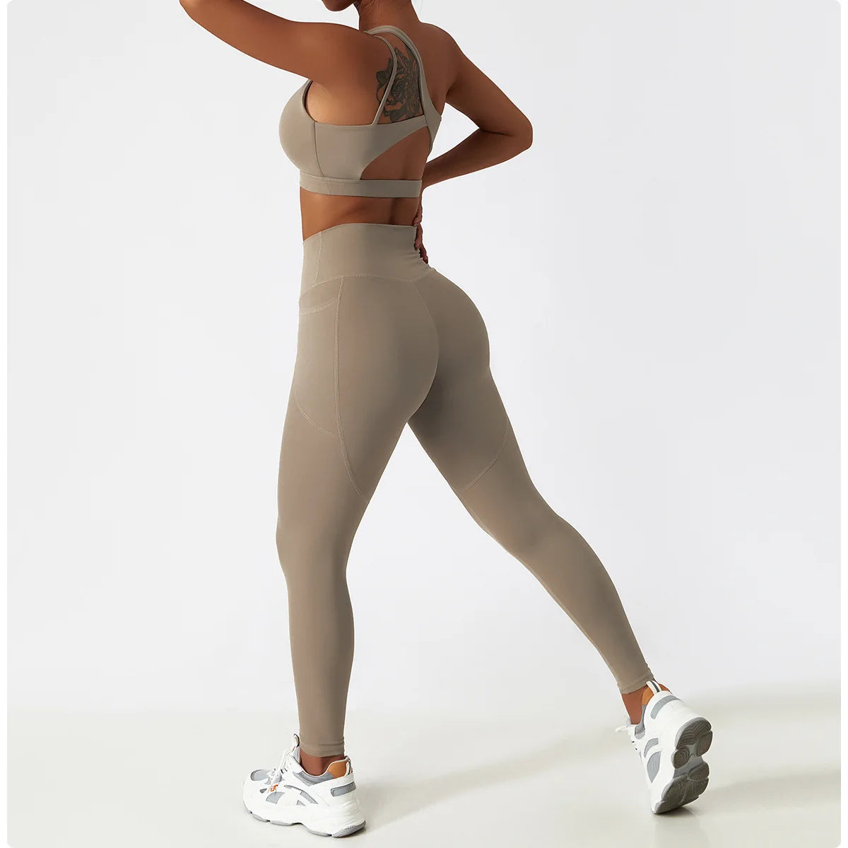 Ctenkevet - Conjunto deportivo de 2 piezas para mujer, sujetador sexy de un solo hombro, ropa deportiva femenina, conjunto de gimnasio para fitness, traje de yoga de secado rápido