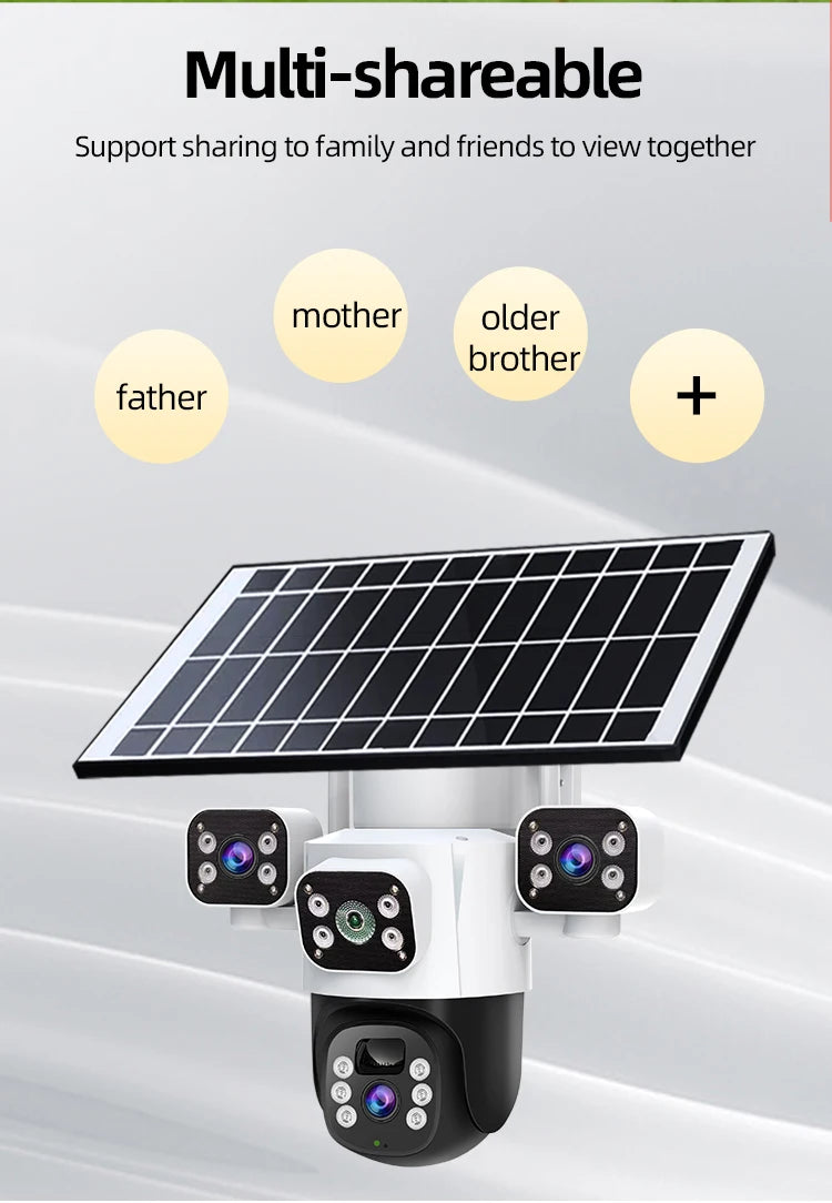 Cámara IP WiFi solar de 12 MP, CCTV con tres lentes y tres pantallas, seguimiento automático, vigilancia exterior 6K 4G, cámara PTZ, protección de seguridad