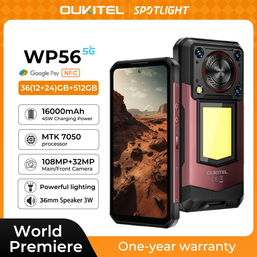 【NUEVO】OUKITEL WP56 Teléfono resistente, batería de 16000 mAh, carga de 45 W, 36 GB + 512 GB, pantalla FHD de 6.8" a 120 Hz, procesador MTK7050, cámara de 32 MP + 108 MP, Android 15