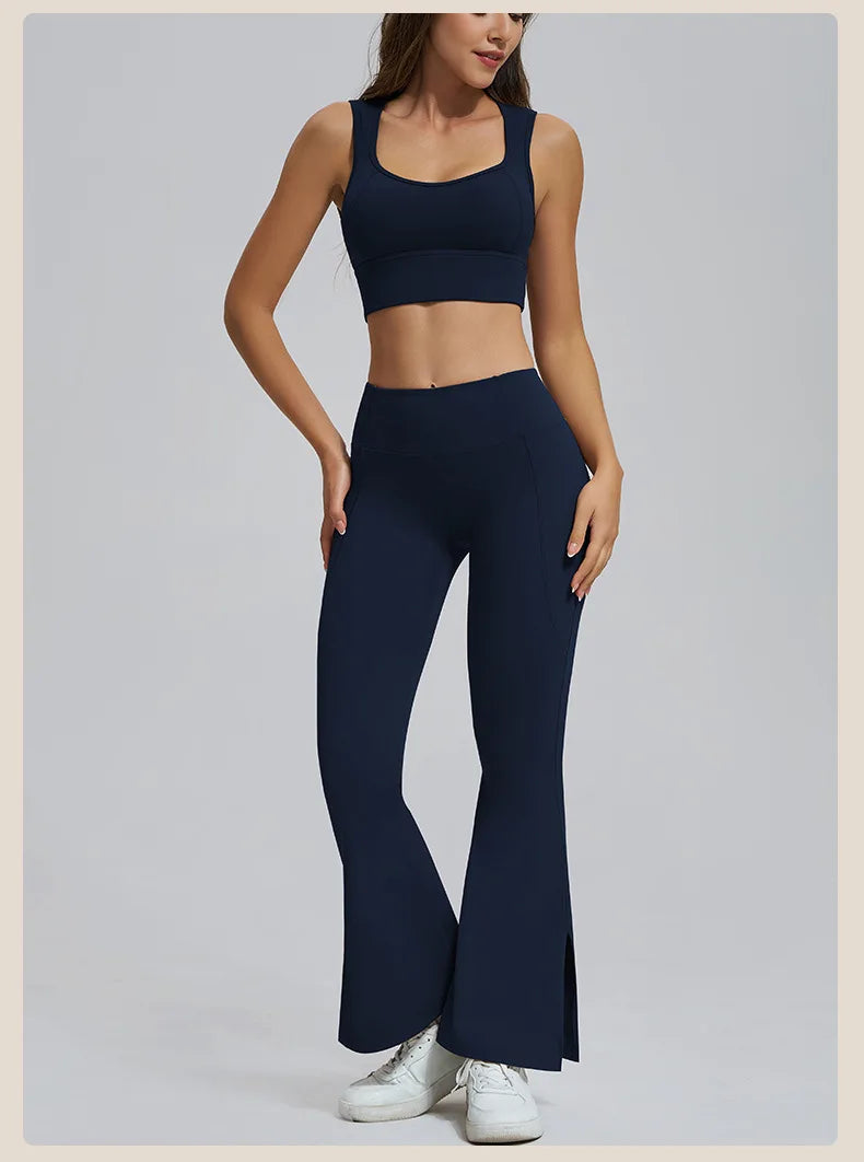 Conjuntos de yoga para mujer, sujetador deportivo con espalda hueca y amortiguación, leggings de cintura alta y acampanados, ropa de gimnasio, ropa para correr y entrenar.