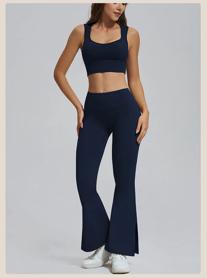 Conjuntos de yoga para mujer, sujetador deportivo con espalda hueca y amortiguación, leggings de cintura alta y acampanados, ropa de gimnasio, ropa para correr y entrenar.