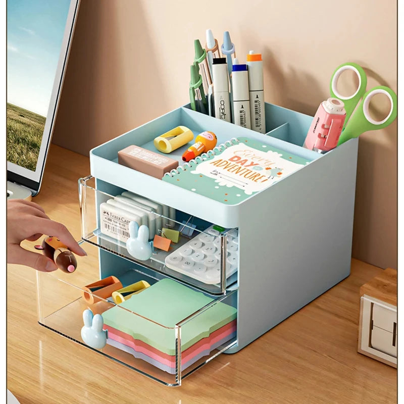 Organizador de escritorio pequeño con cajón, organizador de maquillaje, para tarjetas de presentación, bolígrafos, lápices, teléfono móvil y papelería.