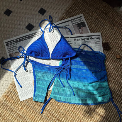 VigoBreviya - Conjunto de bikini de 3 piezas con falda y degradado para mujer, traje de baño sexy con cuello halter, push up, tanga de corte alto atada, 2024
