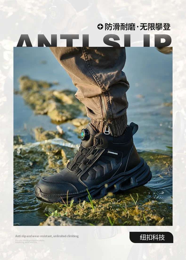 Zapatos de seguridad para hombre, de caña alta, universales para las cuatro estaciones, con hebilla giratoria antideslizante, puntera de acero, antiaplastamiento y antiperforación.