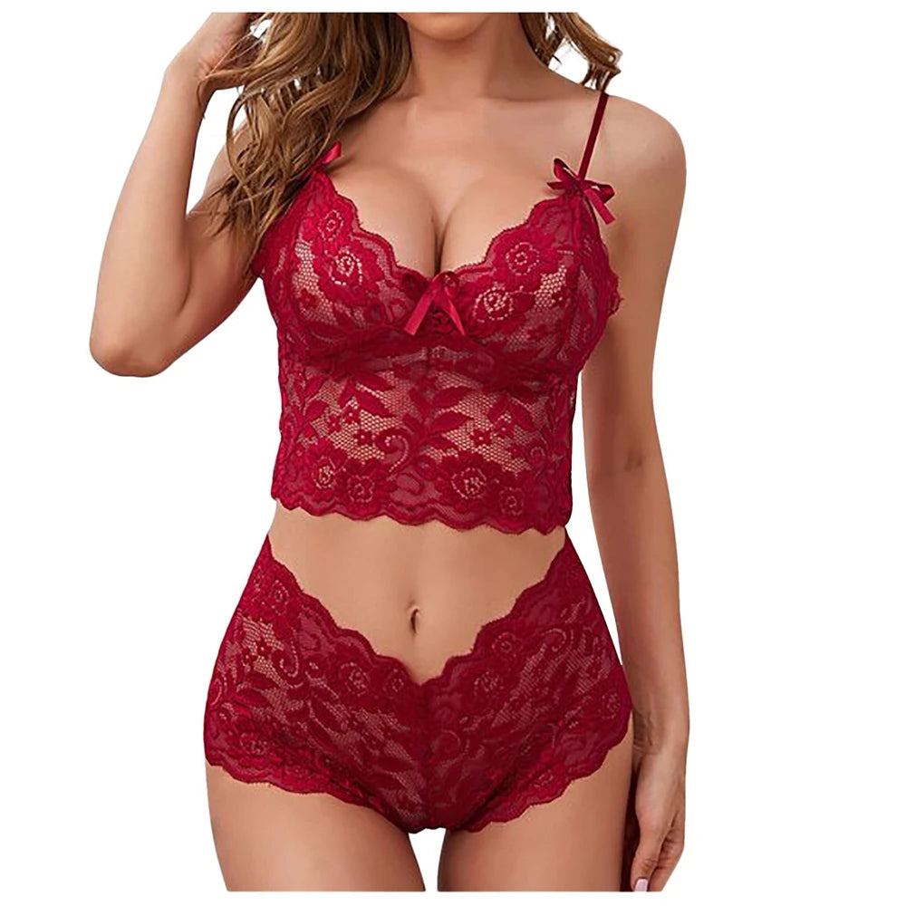 Conjunto de lencería sexy para mujer 2022, pantalones cortos de encaje negro, camiseta sin mangas de color liso, camisola, top de tubo, bragas, conjunto de lencería con estampado floral.