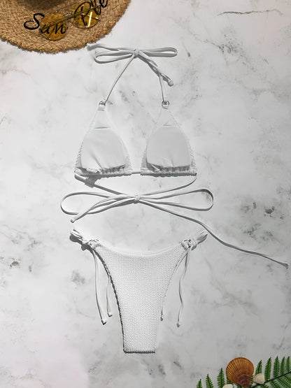 2025 Halter String Bikini Bandage Swimsuit Women Sexy Solid Swimwear Female Bathers Bathing Swimming Swim Suit Beachwear