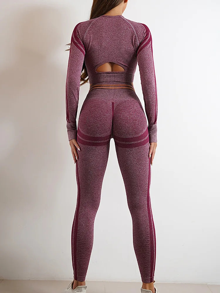 Conjuntos de ropa deportiva de media pieza sin costuras para mujer, conjuntos de gimnasio de manga larga, sujetador deportivo de yoga, leggings push up y mallas deportivas.