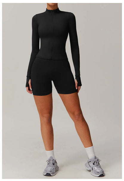 Conjunto deportivo de 2 piezas para mujer, chándal para correr, entrenamiento, con cremallera, pantalones cortos de manga larga, ropa de yoga, ropa deportiva
