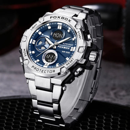 FOXBOX Relojes deportivos de lujo para hombre, reloj de pulsera de cuarzo de lujo, acero, resistente al agua, doble pantalla, relojes militares para hombre, reloj hommes
