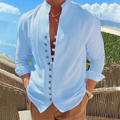 Camisa de lino y algodón para hombre, de primavera y otoño, gran oferta, camisas de manga larga para hombre, color liso, con botones, estilo informal, talla grande