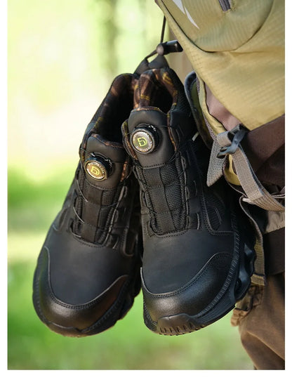 Zapatos de seguridad para hombre, de caña alta, universales para las cuatro estaciones, con hebilla giratoria antideslizante, puntera de acero, antiaplastamiento y antiperforación.