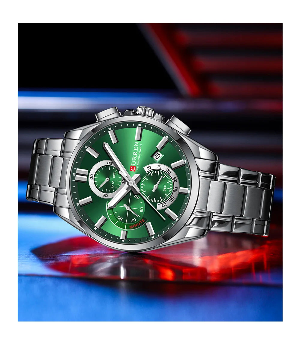 CURREN - Reloj cronógrafo de acero inoxidable para hombre con manecillas luminosas, tres subesferas, fecha automática, diseño moderno, de cuarzo