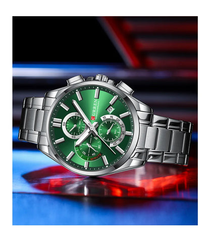 CURREN - Reloj cronógrafo de acero inoxidable para hombre con manecillas luminosas, tres subesferas, fecha automática, diseño moderno, de cuarzo
