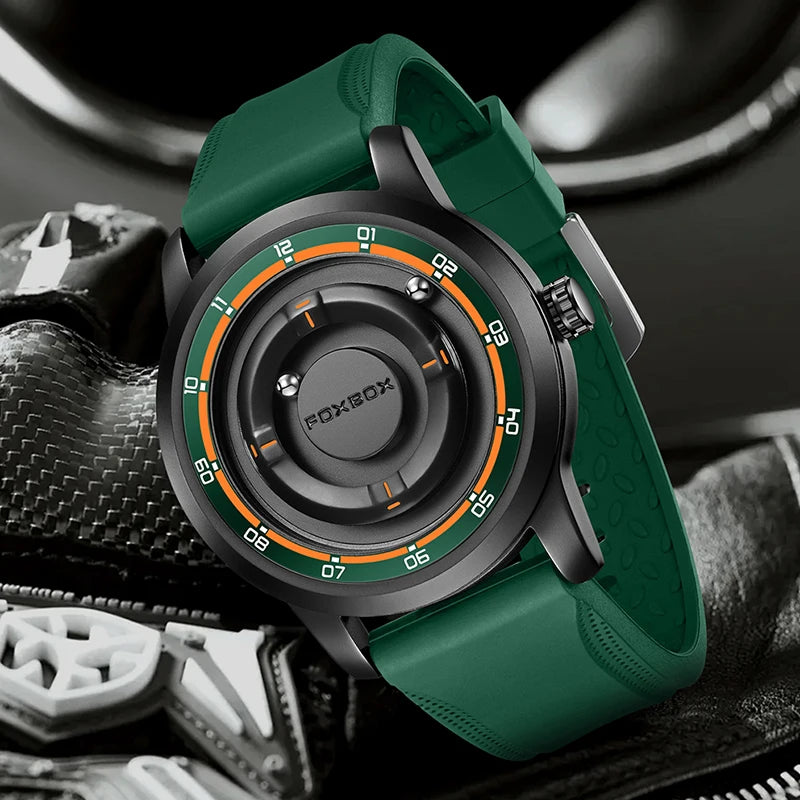 Reloj de pulsera de cuarzo para hombre FOXBOX Fashion, verde, de silicona, resistente al agua, con puntero deslizante y fuerza magnética, para deportes al aire libre.