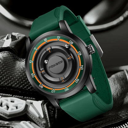 Reloj de pulsera de cuarzo para hombre FOXBOX Fashion, verde, de silicona, resistente al agua, con puntero deslizante y fuerza magnética, para deportes al aire libre.