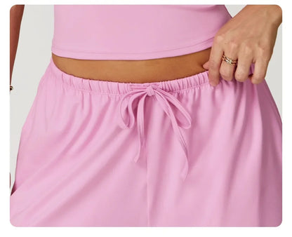 Pantalones de yoga deportivos para mujer, holgados, de pierna ancha, finos, transpirables, con cordón elástico y diseño caído.