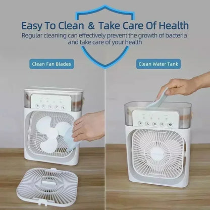 Ventilador 3 en 1, aire acondicionado pequeño para el hogar, enfriador de aire con luz LED nocturna, humidificador portátil, ventilador de ajuste de aire para oficina y hogar.