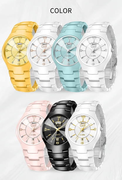 Reloj de cuarzo de cerámica de moda LIGE para mujer, reloj deportivo informal con fecha semanal, reloj creativo de acero resistente al agua para mujer