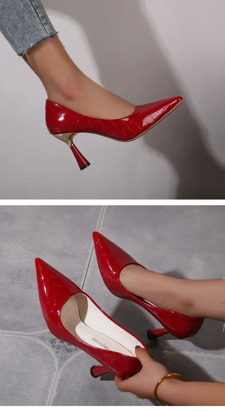 Zapatos Mujer 2024 Tendencia Nuevo Verano Tacones Rojos Elegante Mujer Tacón Negro Punta Puntiaguda Zapatos de Vestir Cuero Blanco Zapatos de Dama